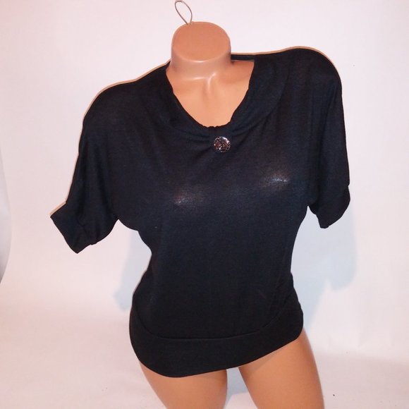 Annabelle Sweater Womens Solid Black Dolman Sleeve Scoop Neck Lightweight Button - Picture 3 of 8